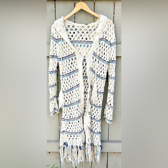Free People Sweaters - Free People Crochet Hooded Cardigan Duster, Size Medium
